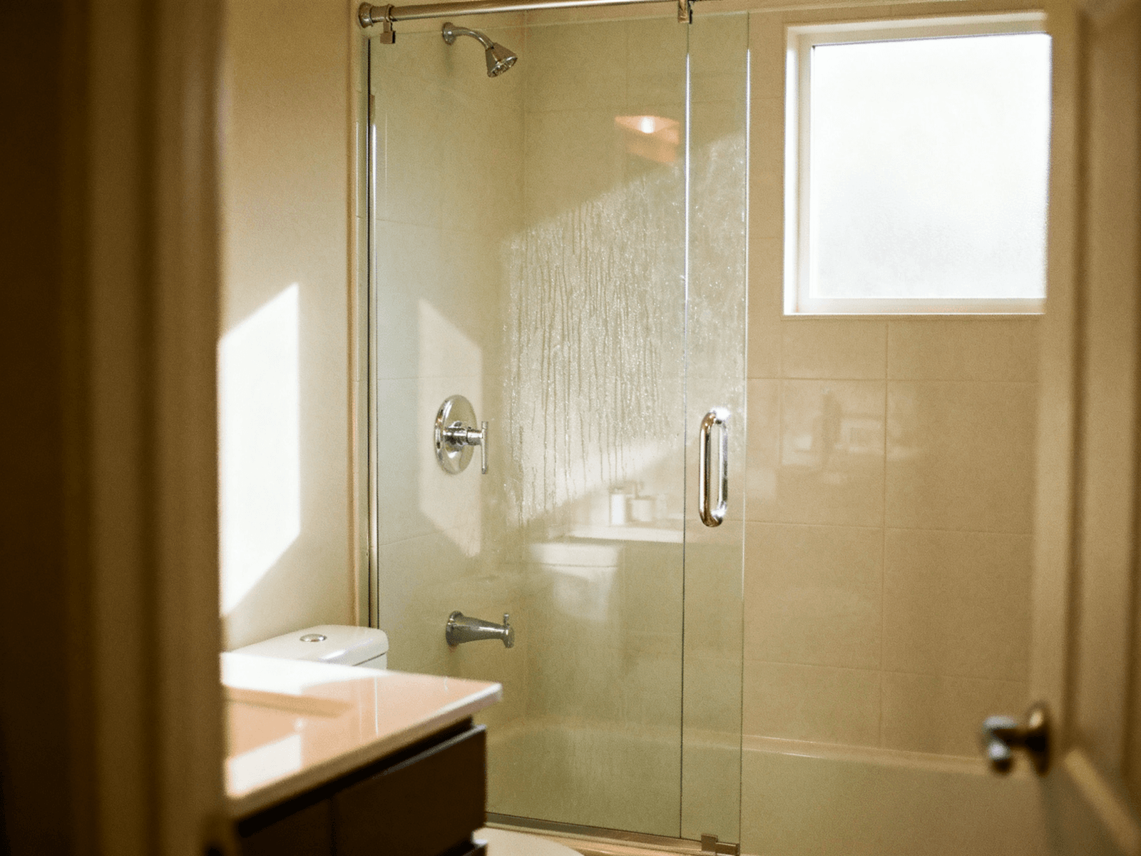 Bathroom after a deep clean with streak-free shower glass and bright fixtures